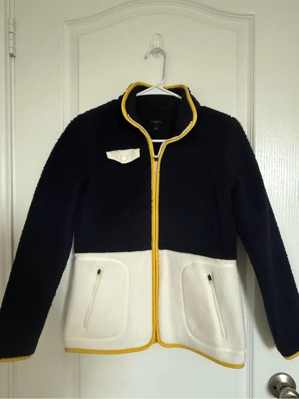Talbots Navy and White Fleece Jacket with Yellow Trim